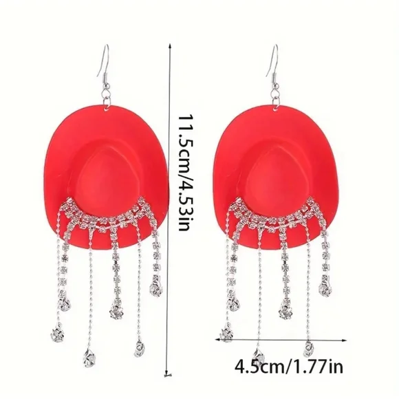 Red Cowboy Hat with Rhinestone Dangles Earrings - Picture 5 of 5